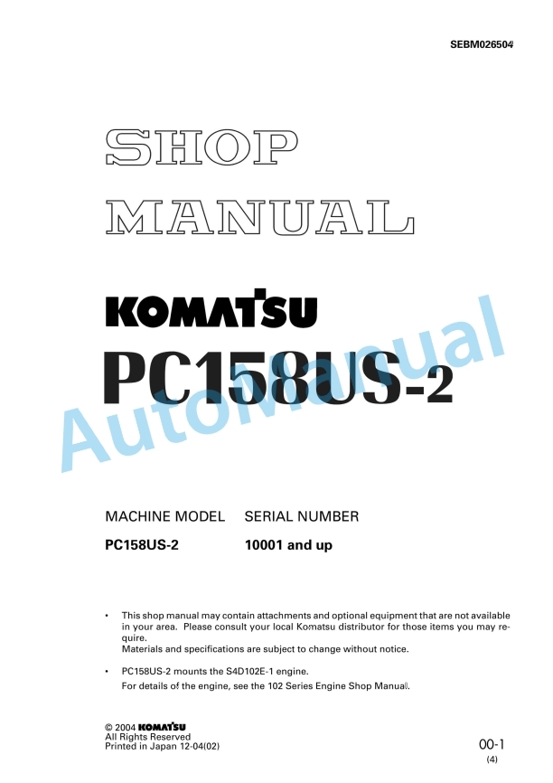 Komatsu PC158US-2 Hydraulic Excavator Shop Manual SEBM026504