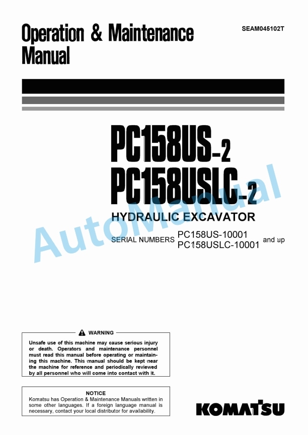 Komatsu PC158US-2, PC158USLC-2 Hydraulic Excavator Operation and Maintenance Manual SEAM045102T
