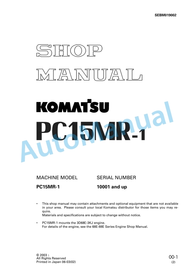 Komatsu PC15MR-1 Shop Manual SEBM019002