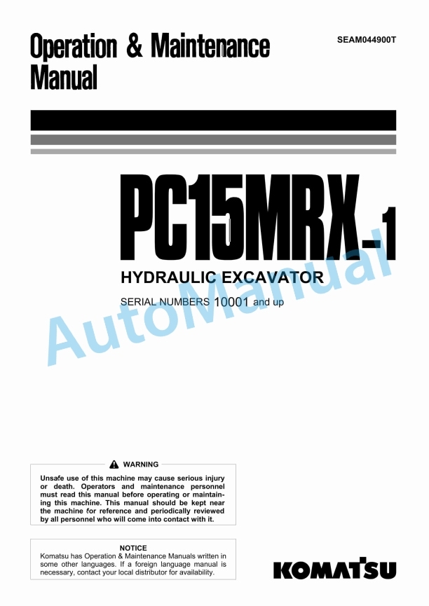 Komatsu PC15MRX-1 Hydraulic Excavator Operation and Maintenance Manual SEAM044900T