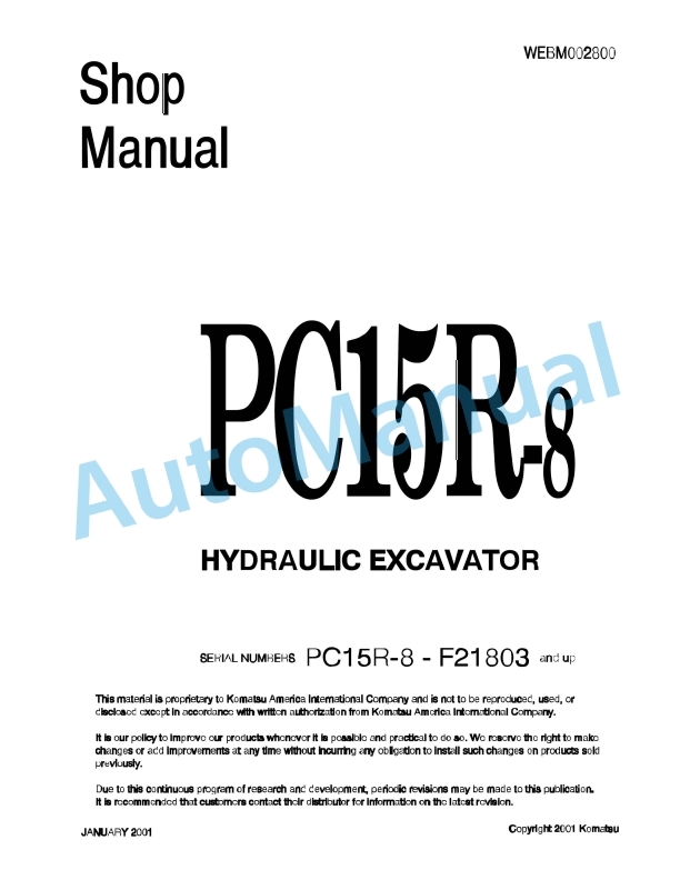 Komatsu PC15R-8 Hydraulic Excavator Shop Manual WEBM002800
