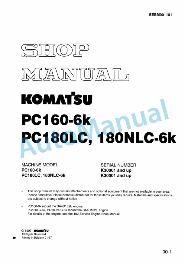Komatsu PC160-6K, PC180LC-6K, PC180NLC-6K Hydraulic Excavator Shop Manual EEBM001101