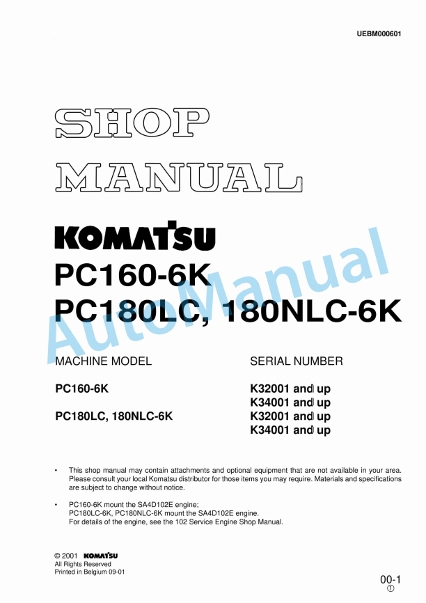 Komatsu PC160-6K, PC180LC-6K, PC180NLC-6K Hydraulic Excavator Shop Manual UEBM000601