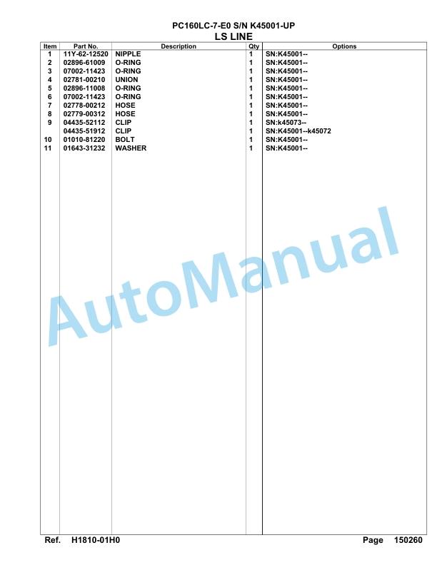 Komatsu PC160LC-7-E0 Hydraulic Excavator Parts Manual SAA4D16U-2
