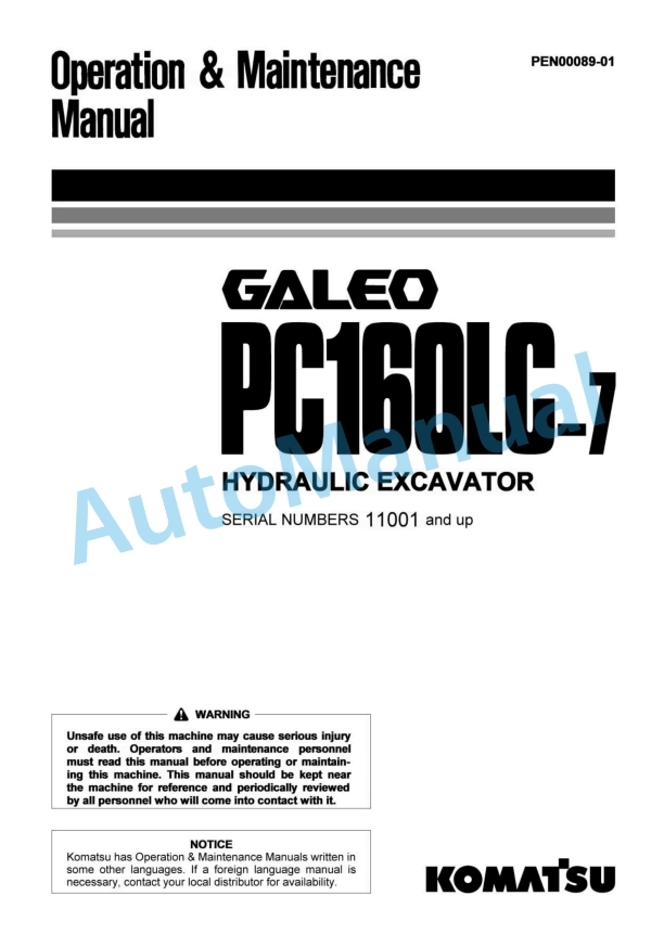 Komatsu PC160LC-7 Galeo Hydraulic Excavator Operation and Maintenance Manual PEN00089-01