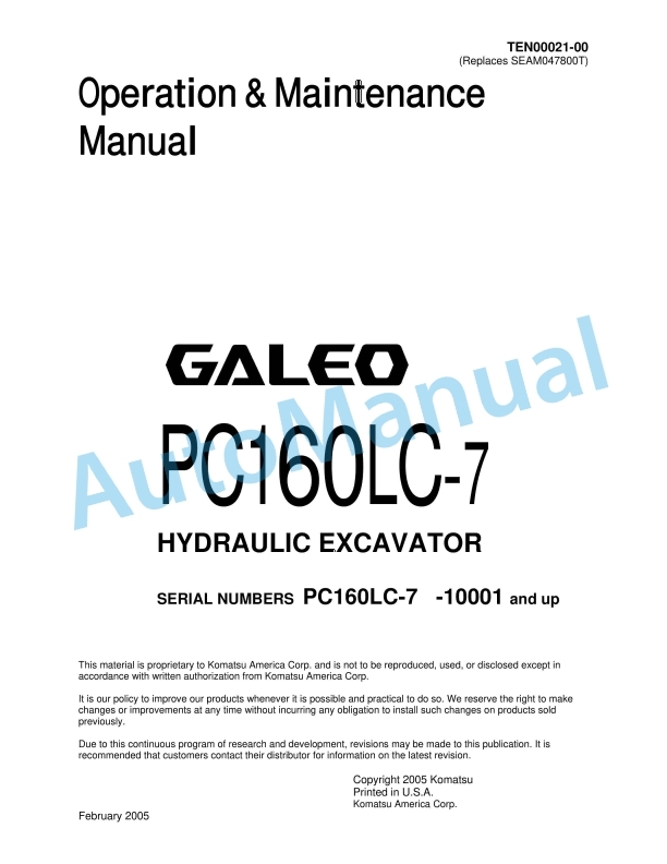 Komatsu PC160LC-7 Galeo Hydraulic Excavator Operation and Maintenance Manual TEN00021-00