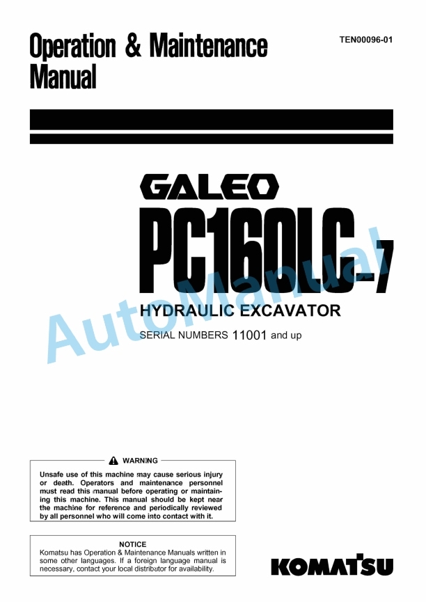 Komatsu PC160LC-7 Galeo Hydraulic Excavator Operation and Maintenance Manual TEN00096-01