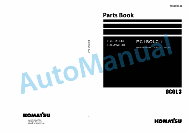 Komatsu PC160LC-7 Hydraulic Excavator Parts Manual FEN00436-02