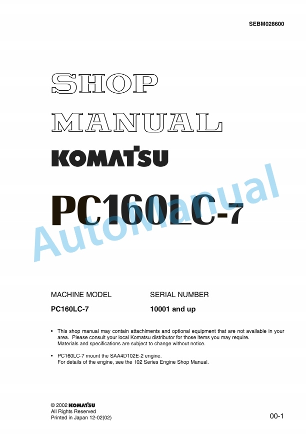 Komatsu PC160LC-7 Hydraulic Excavator Shop Manual SEBM028600
