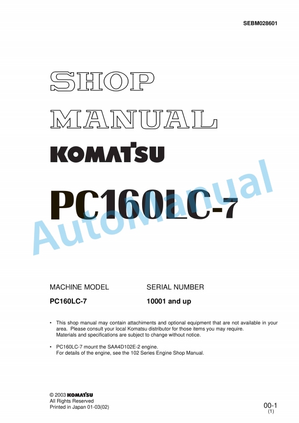 Komatsu PC160LC-7 Hydraulic Excavator Shop Manual SEBM028601
