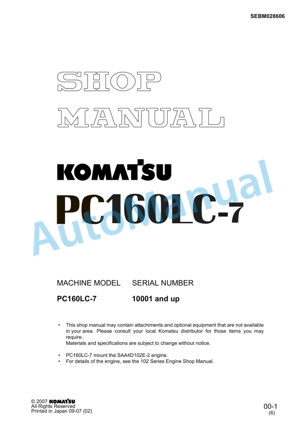 Komatsu PC160LC-7 Hydraulic Excavator Shop Manual SEBM028606