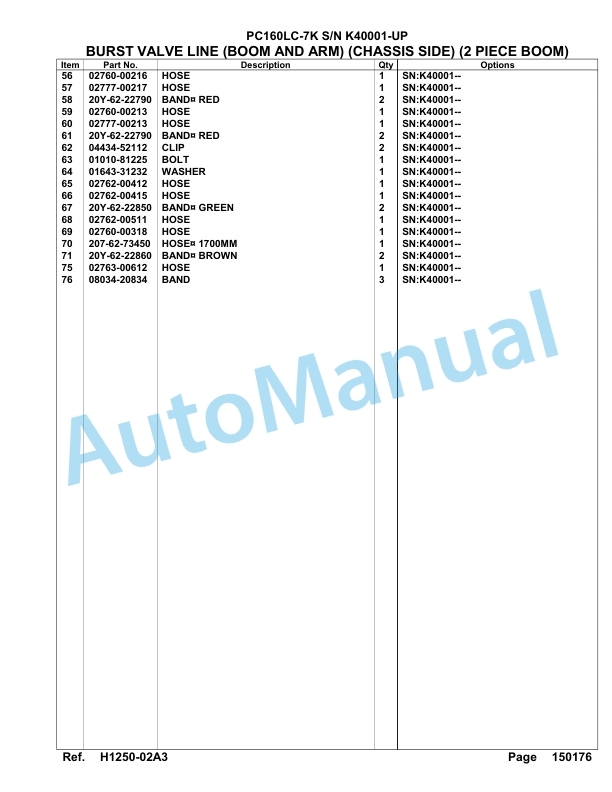 Komatsu PC160LC-7K Hydraulic Excavator Parts Manual SAA4D12U-2