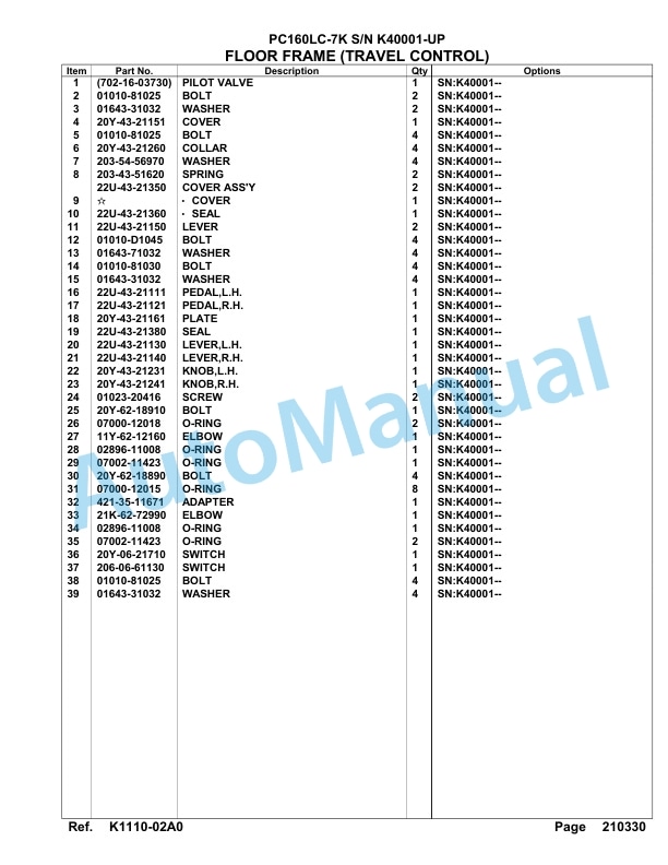 Komatsu PC160LC-7K Hydraulic Excavator Parts Manual SAA4D12U-3