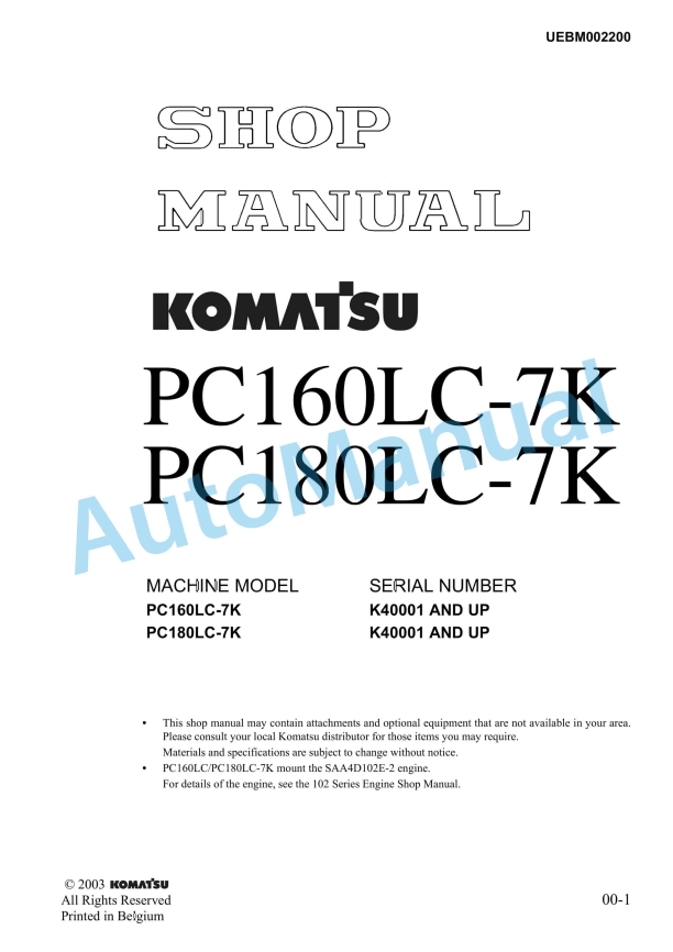 Komatsu PC160LC-7K, PC180LC-7K Hydraulic Excavator Shop Manual UEBM002200