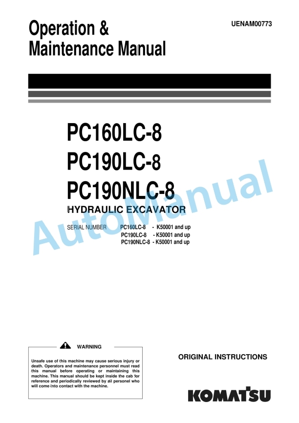 Komatsu PC160LC-8, PC190LC-8, PC190NLC-8 Hydraulic Excavator Operation and Maintenance Manual UENAM00773