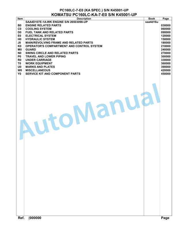 Komatsu PC160LC-KA-7-E0 Hydraulic Excavator Parts Manual SAA4D61U