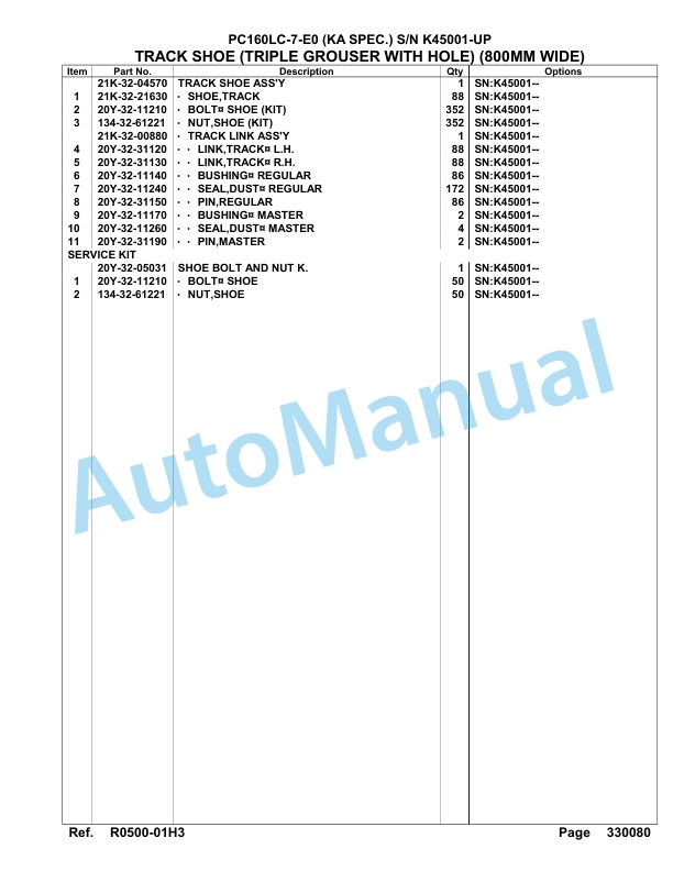 Komatsu PC160LC-KA-7-E0 Hydraulic Excavator Parts Manual SAA4D61U-4