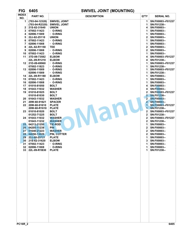 Komatsu PC16R-2 Hydraulic Excavator Parts Manual F00003-UP-3