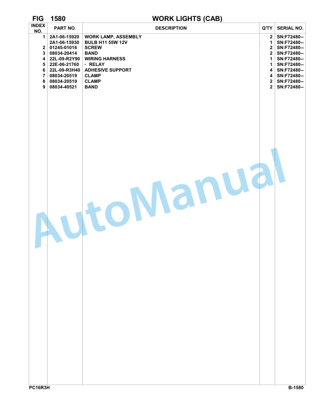 Komatsu PC16R-3 HS Hydraulic Excavator Parts Manual F70003-UP-2