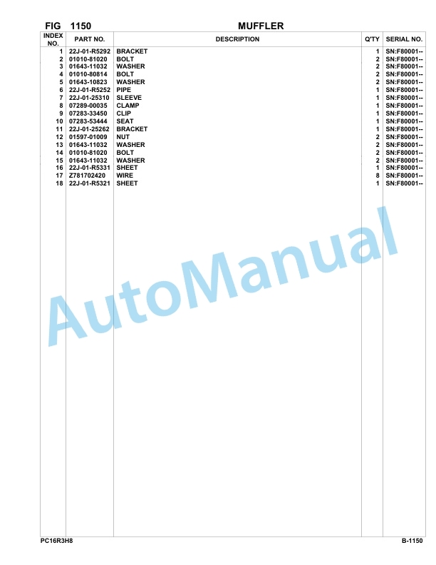 Komatsu PC16R-3 HS Hydraulic Excavator Parts Manual F80001-UP-2