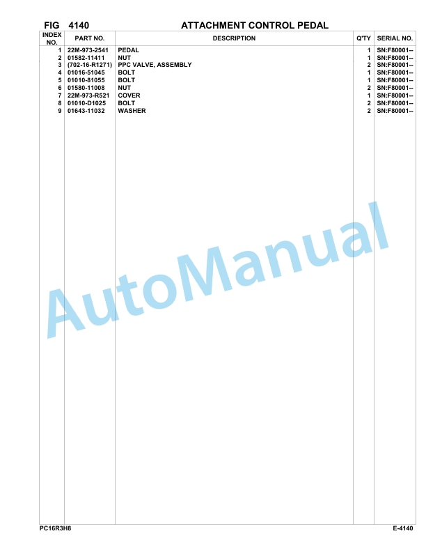Komatsu PC16R-3 HS Hydraulic Excavator Parts Manual F80001-UP-3