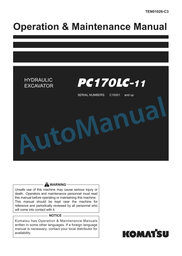 Komatsu PC170LC-11 Hydraulic Excavator Operation and Maintenance Manual TEN01026-C3