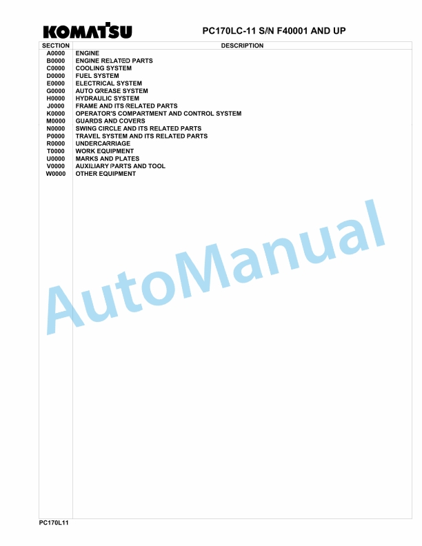 Komatsu PC170LC-11 Hydraulic Excavator Parts Manual F40001-UP