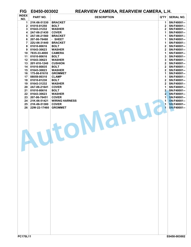 Komatsu PC170LC-11 Hydraulic Excavator Parts Manual F40001-UP-2