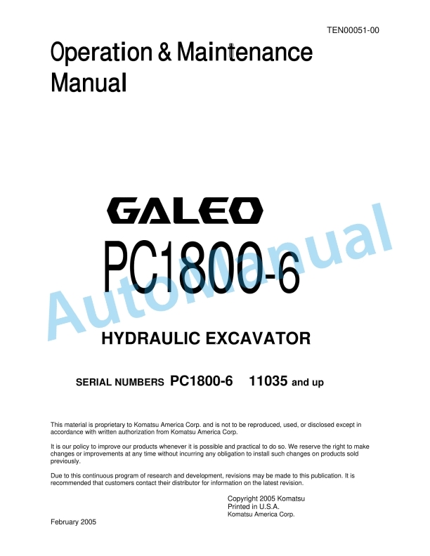 Komatsu PC1800-6 Galeo Hydraulic Excavator Operation and Maintenance Manual TEN00051-00