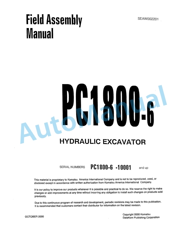 Komatsu PC1800-6 Hydraulic Excavator Field Assembly Instruction SEAWD02201