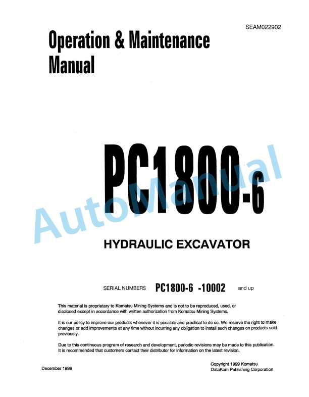 Komatsu PC1800-6 Hydraulic Excavator Operation and Maintenance Manual SEAM022902