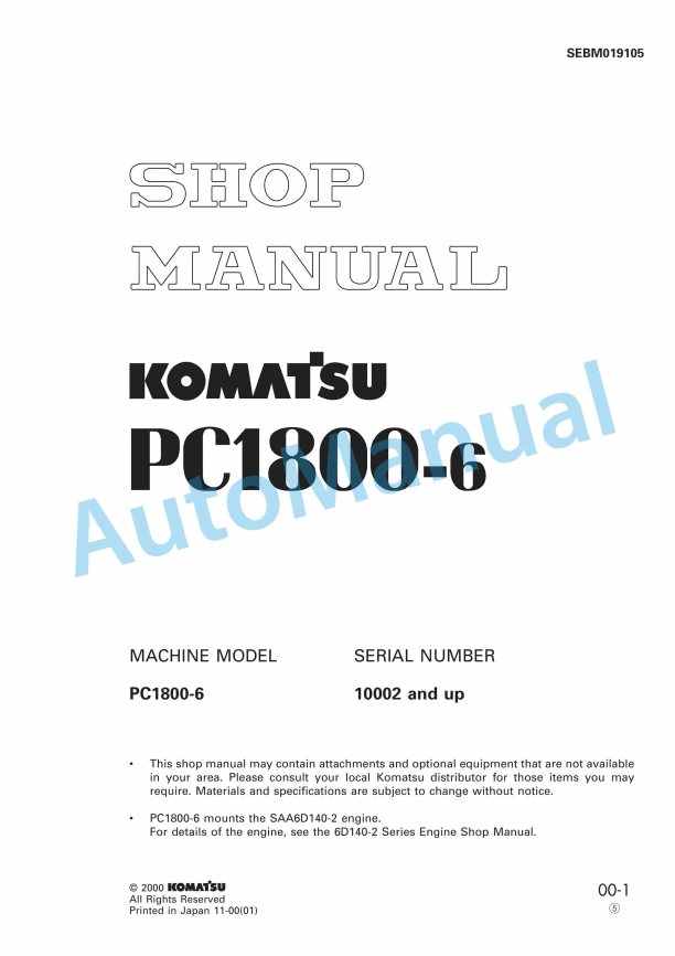 Komatsu PC1800-6 Hydraulic Excavator Shop Manual SEBM019105