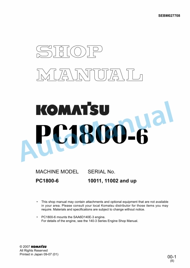 Komatsu PC1800-6 Hydraulic Excavator Shop Manual SEBM027708
