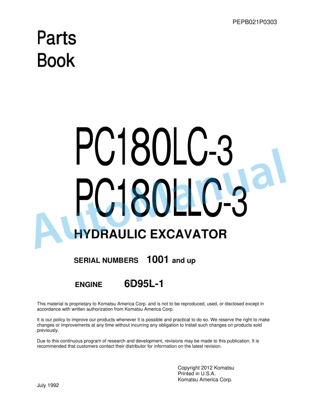 Komatsu PC180LC-3, PC180LLC-3 Hydraulic Excavator Parts Manual PEPB021P0303