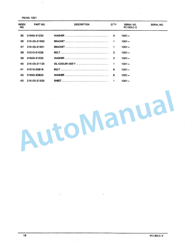 Komatsu PC180LC-3, PC180LLC-3 Hydraulic Excavator Parts Manual PEPB021P0303-2