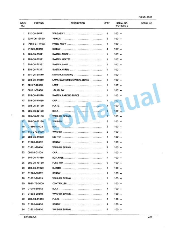 Komatsu PC180LC-3, PC180LLC-3 Hydraulic Excavator Parts Manual PEPB021P0303-5