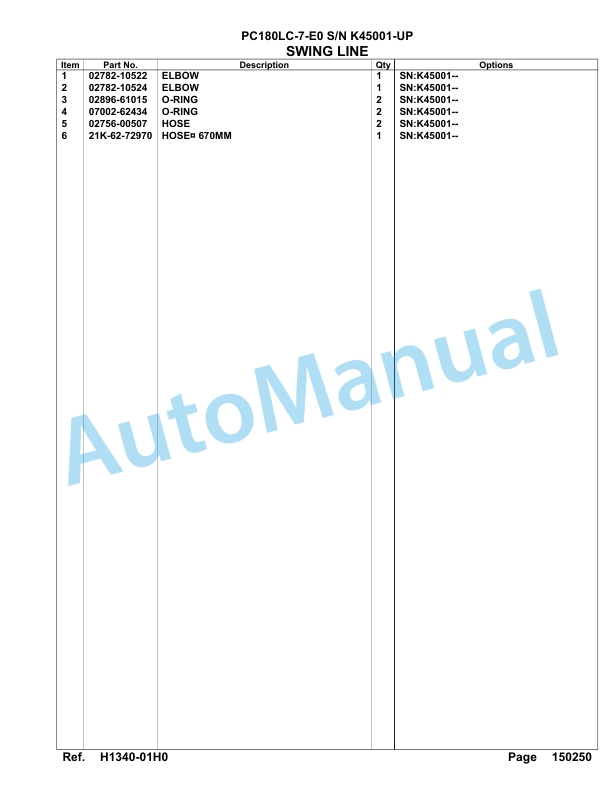 Komatsu PC180LC-7-E0 Hydraulic Excavator Parts Manual SAA4D16U-2