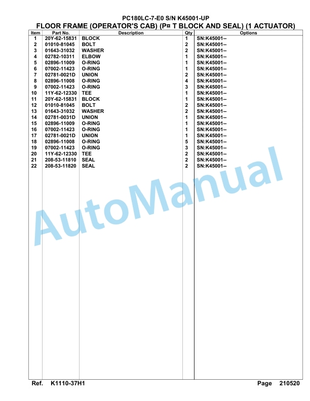 Komatsu PC180LC-7-E0 Hydraulic Excavator Parts Manual SAA4D16U-3