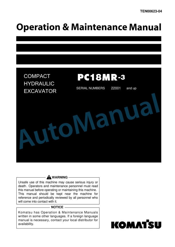 Komatsu PC18MR-3 Compact Hydraulic Excavator Operation and Maintenance Manual TEN00623-04