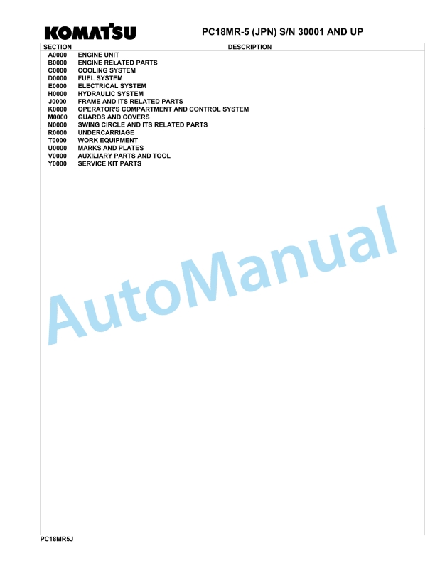 Komatsu PC18MR-5 Hydraulic Excavator Parts Manual 30001-up
