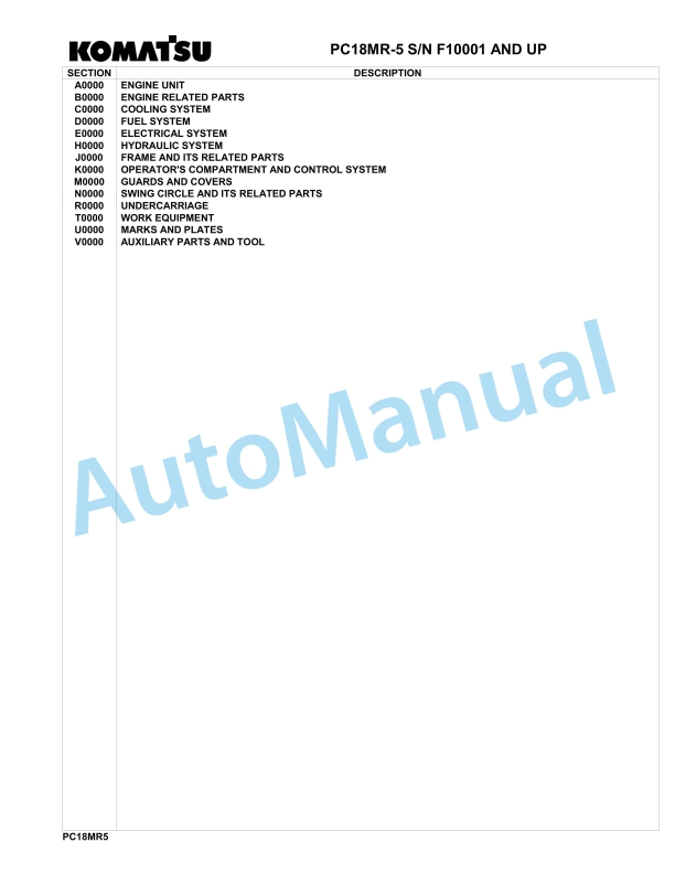 Komatsu PC18MR-5 Hydraulic Excavator Parts Manual F10001-up