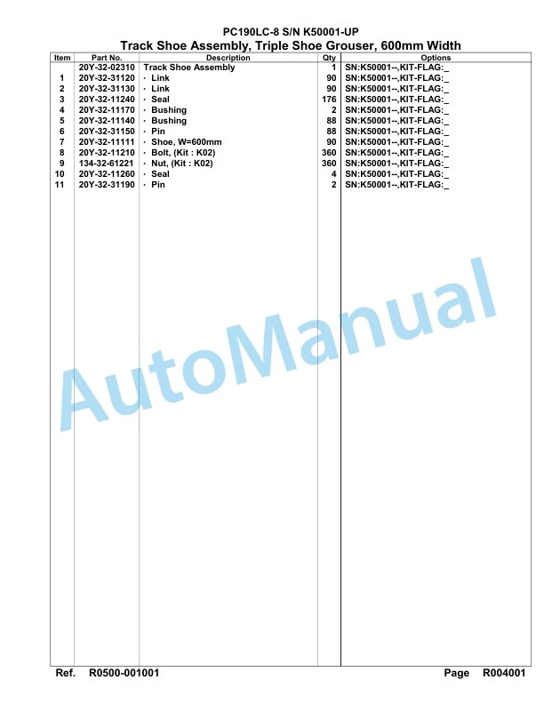Komatsu PC190LC-8 Hydraulic Excavator Parts Manual K50001-UP-5