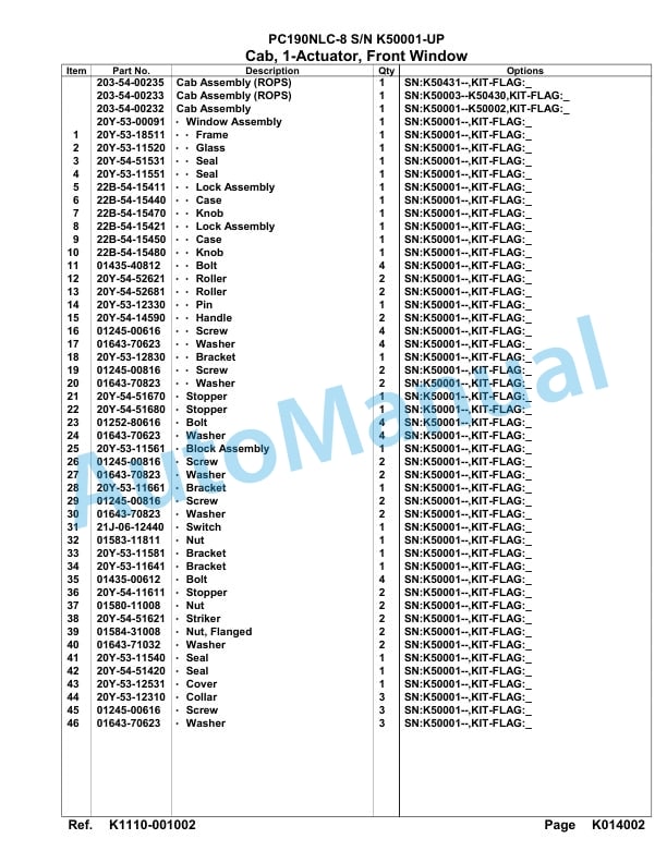 Komatsu PC190NLC-8 Hydraulic Excavator Parts Manual K50001-UP-5