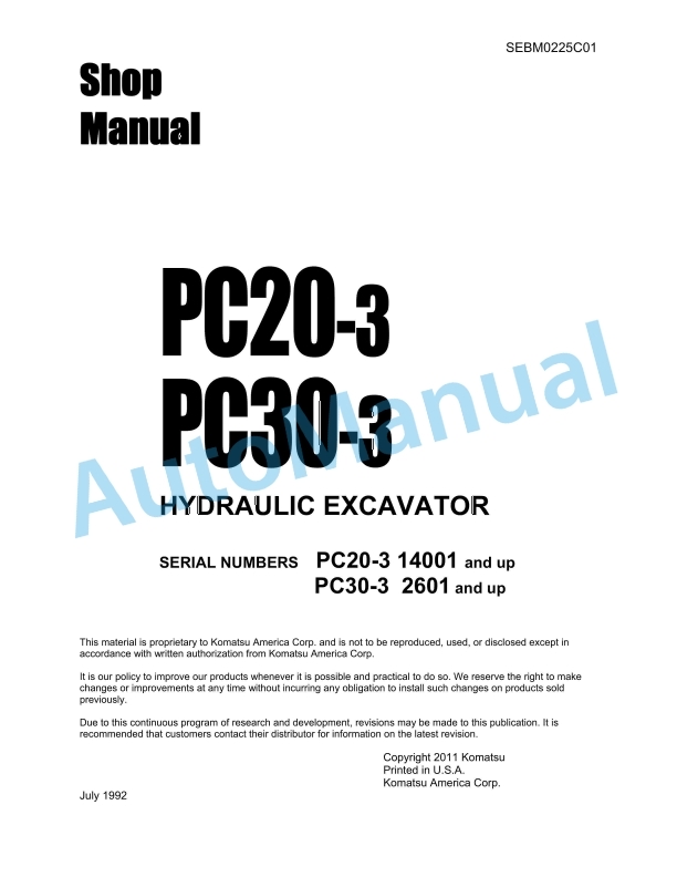 Komatsu PC20-3, PC30-3 Hydraulic Excavator Shop Manual SEBM0225C01
