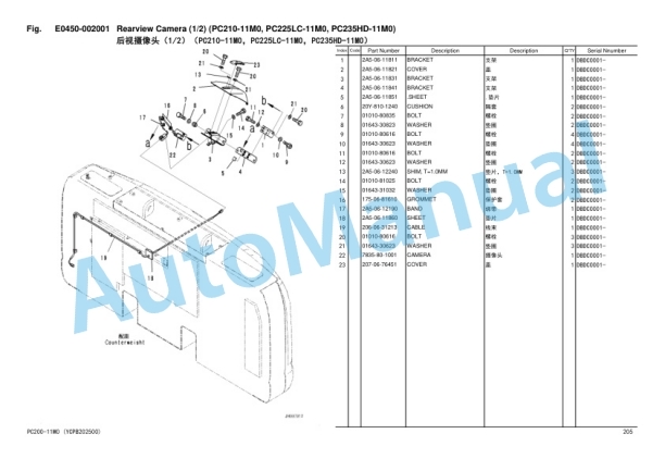Komatsu PC200-11M0, PC200LC-11M0, PC210-11M0, PC225LC-11M0, PC235HD-11M0 Hydraulic Excavator Parts Manual YCPB202500-3