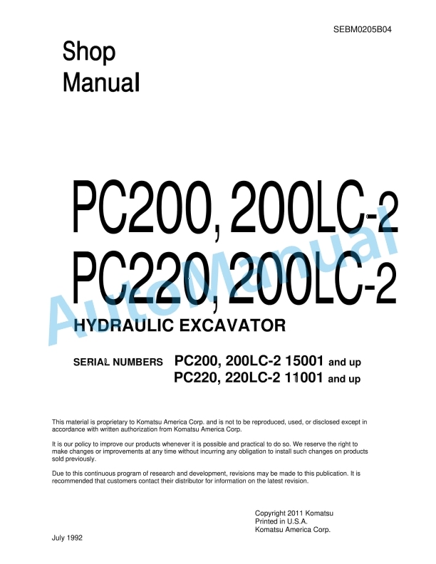 Komatsu PC200-2, PC200LC-2, PC220-2, PC220LC-2 Hydraulic Excavator Shop Manual SEBM0205B04