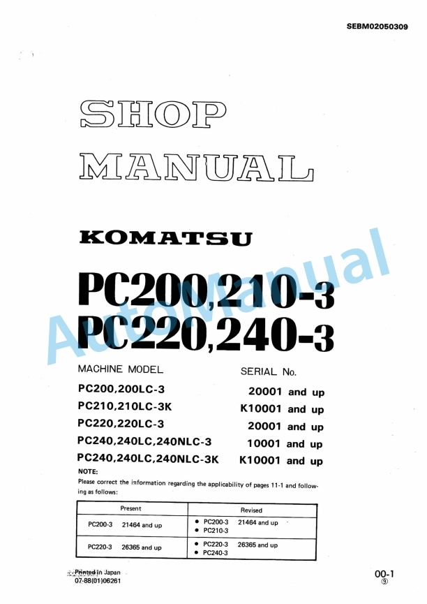 Komatsu PC200-3, PC210-3, PC220-3, PC240-3 Hydraulic Excavator Shop Manual SEBM02050309