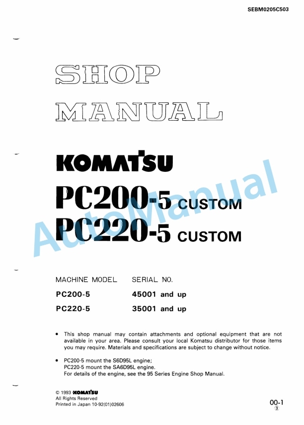 Komatsu PC200-5 Custom, PC220-5 Custom Hydraulic Excavator Shop Manual SEBM0205C503