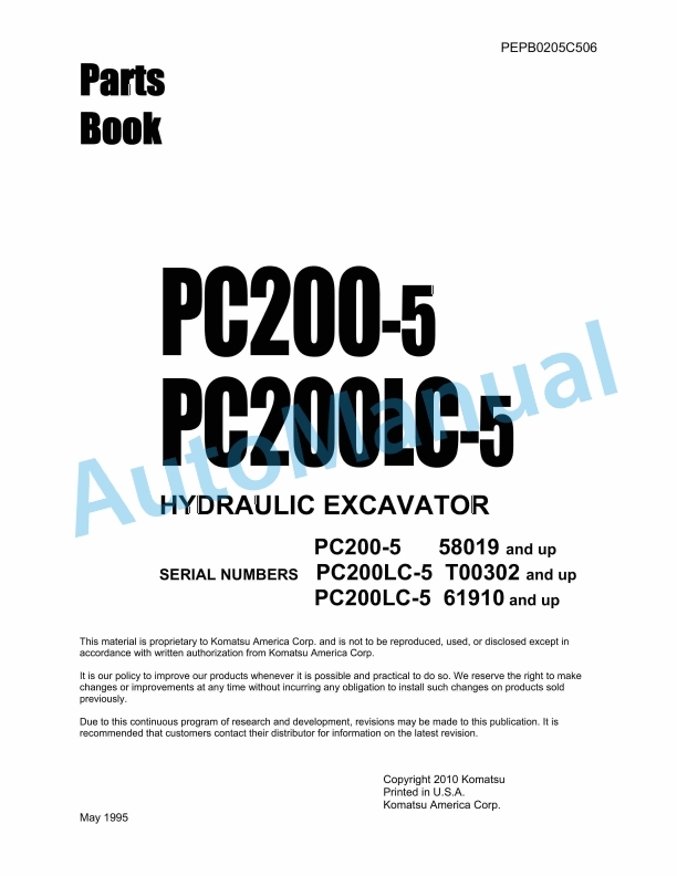 Komatsu PC200-5, PC200LC-5 Hydraulic Excavator Parts Manual PEPB0205C506