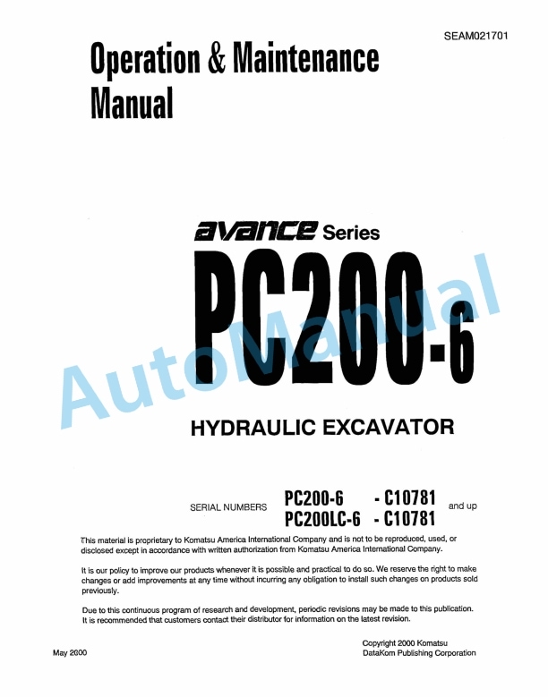 Komatsu PC200-6 Avance Series Hydraulic Excavator Operation and Maintenance Manual SEAM021701